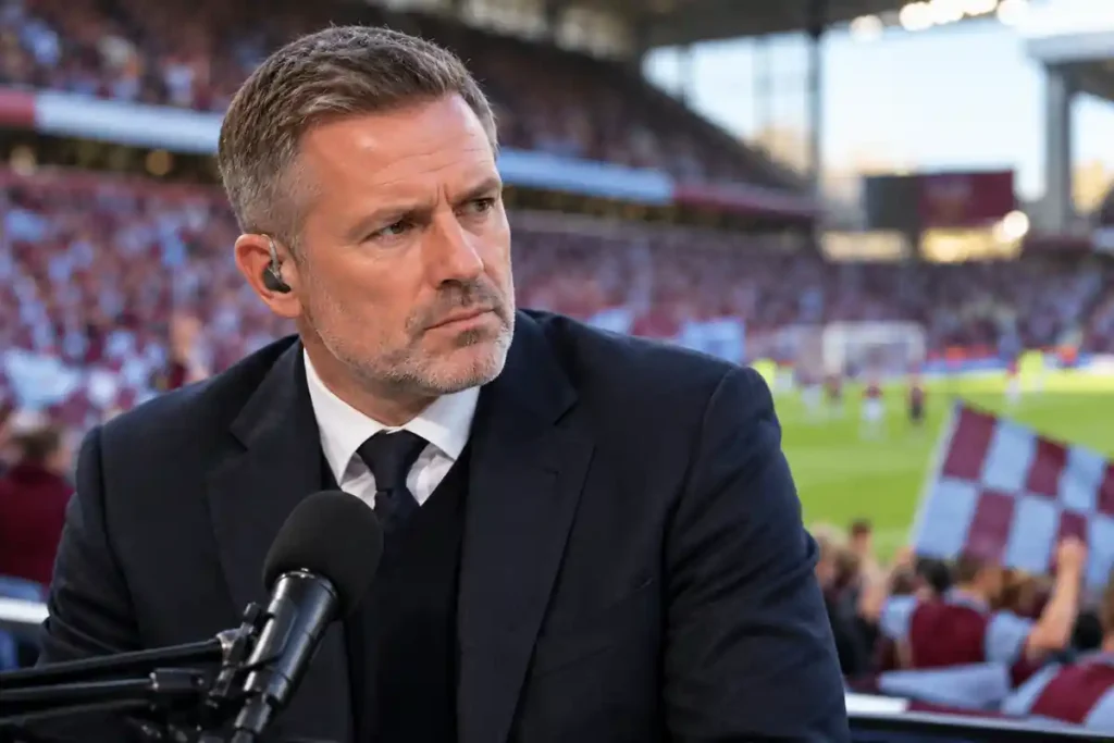 Consultant de football en costume devant un stade aux couleurs bordeaux et bleu ciel, illustration éditoriale sur la polémique entre Aston Villa et Jamie Carragher