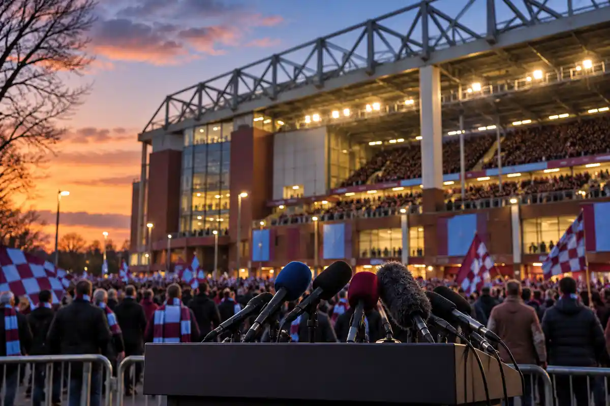 Microphones devant un stade de football éclairé et des supporters aux couleurs bordeaux et bleu ciel, illustration éditoriale sur la réaction d’Aston Villa