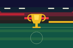 Illustration éditoriale d’un trophée doré au centre d’un stade de football avant Bayern-Dortmund, sans représentation de joueurs réels.