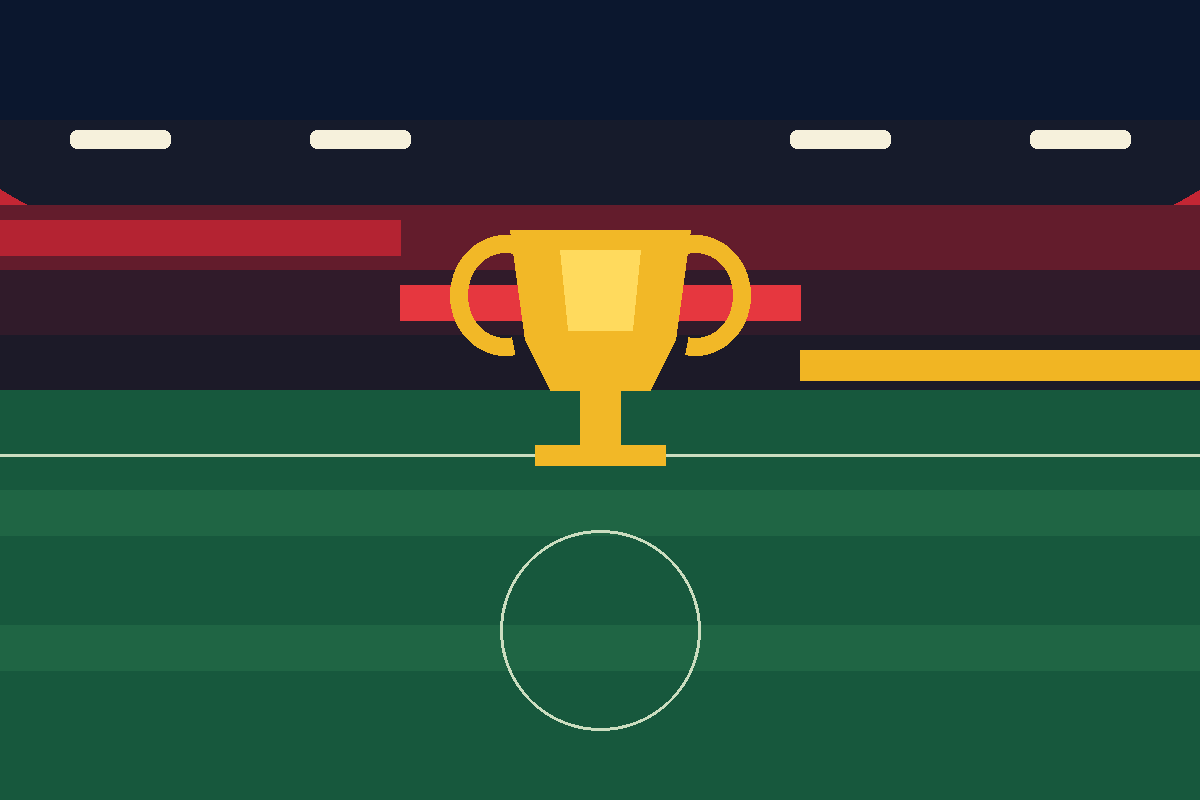 Illustration éditoriale d’un trophée doré au centre d’un stade de football avant Bayern-Dortmund, sans représentation de joueurs réels.