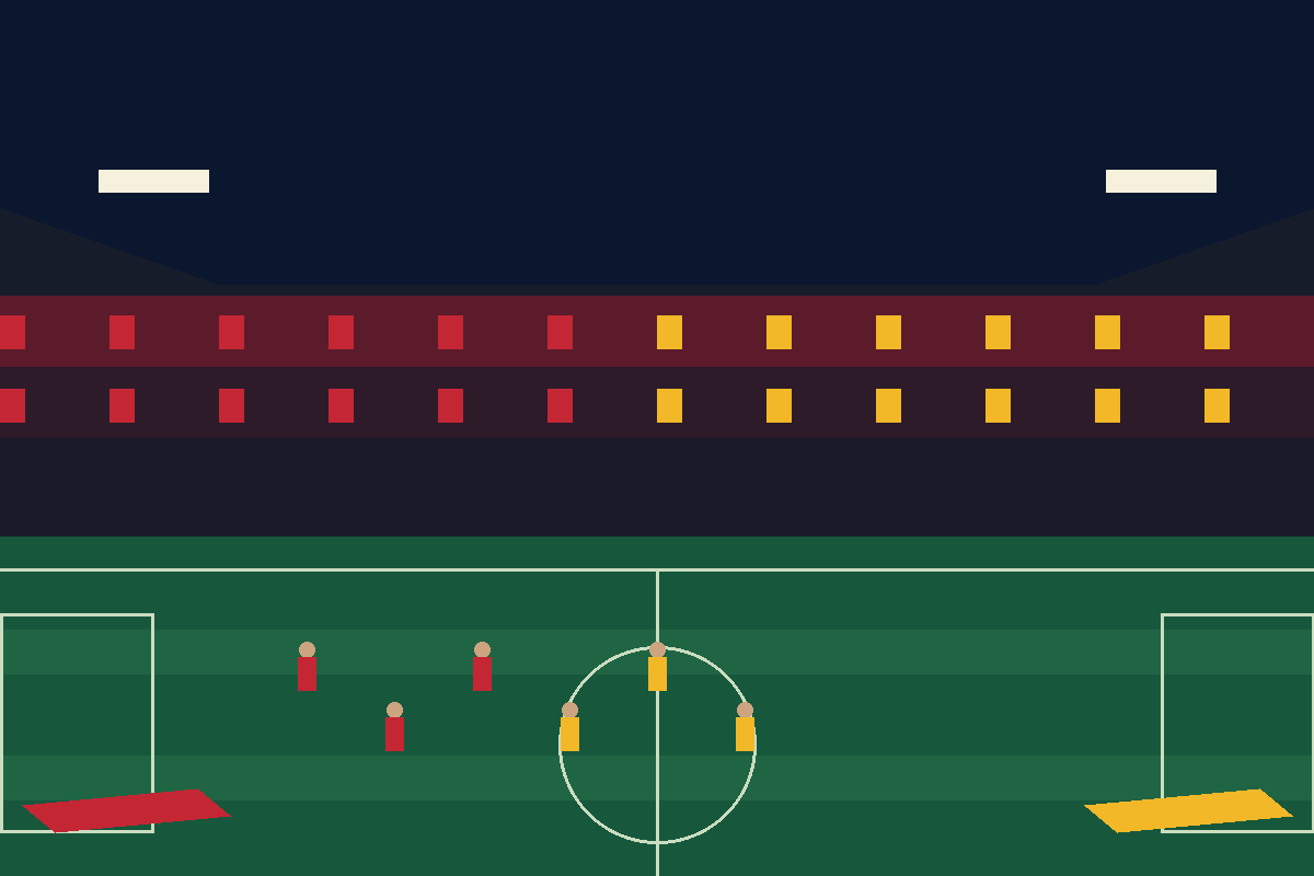 Illustration éditoriale panoramique d’un stade de football avec des équipes anonymes en rouge et jaune avant le Klassiker.