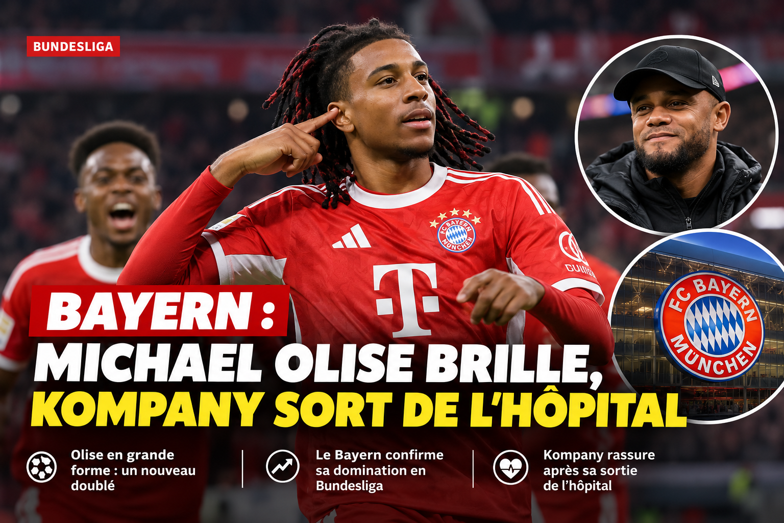 Illustration éditoriale de l’actualité du Bayern Munich autour de Michael Olise et Vincent Kompany