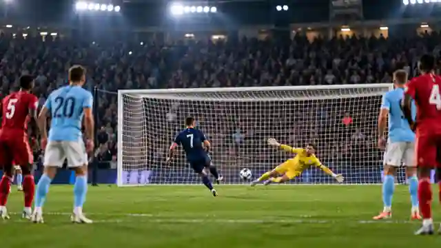 Un joueur tire au but pendant une séance de tirs au but sous les projecteurs d’un stade