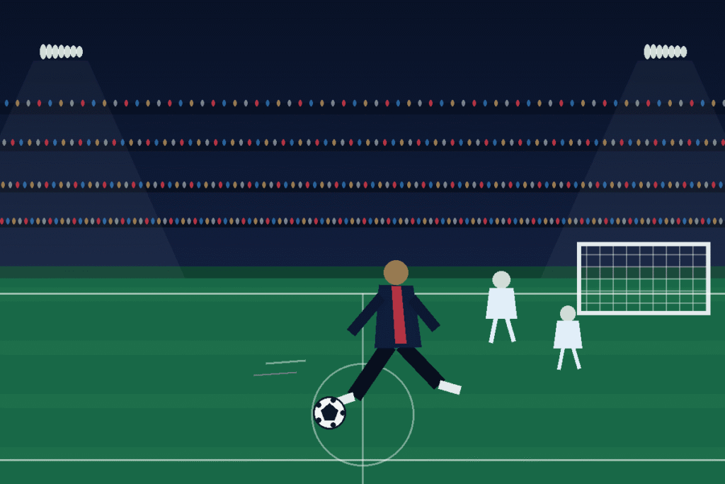 Illustration éditoriale d’un joueur du PSG en maillot bleu marine et rouge, ballon au pied dans un stade