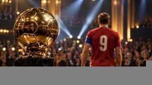 Illustration du sacre de Harry Kane au Ballon d’Or 2026 : trophée doré et joueur en maillot rouge numéro 9 vu de dos.