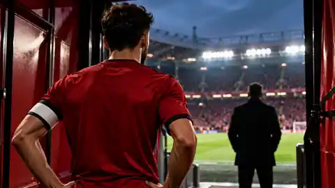 Capitaine en maillot rouge devant un stade éclairé, illustration éditoriale sur Bruno Fernandes et Manchester United