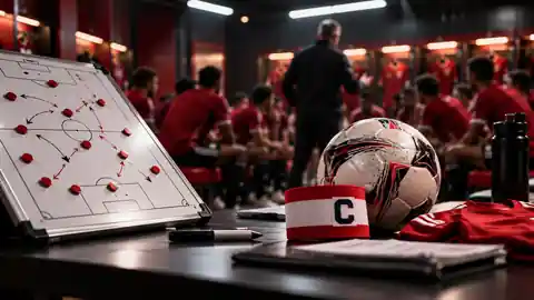 Tableau tactique, ballon et brassard de capitaine dans un vestiaire, illustration sur les choix de Michael Carrick à Manchester United