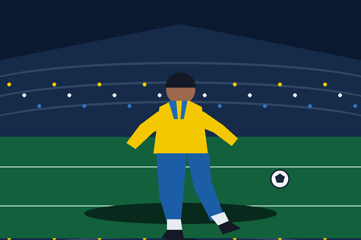 Illustration éditoriale d’un attaquant en jaune et bleu célébrant un triplé dans un stade de football.